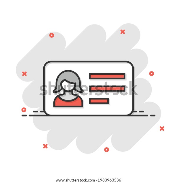Women id card icon in comic\
style. Identity tag cartoon vector illustration on white isolated\
background. Driver licence splash effect business\
concept.