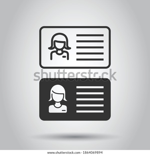 Women id card icon in flat style. Identity tag\
vector illustration on white isolated background. Driver licence\
business concept.