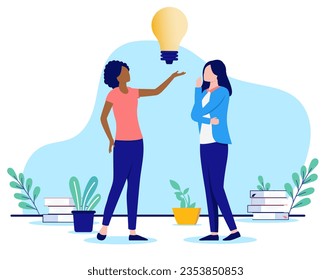 Women with idea - Illustration of two businesswomen coming up with great ideas at work holding big light bulb. Brainstorming concept, flat design vector with white background