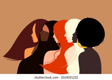 Women illustration. Different women stand together. Flat vector illustration. Different color people together. 