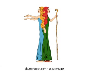 Women in the image of a two-faced Janus. A woman with a staff, stick. A woman with outstretched arms. Vector illustration