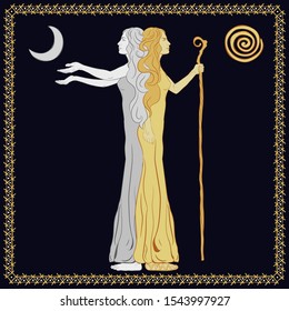 Women in the image of a two-faced Janus. A woman with a staff, stick. A woman with outstretched arms. Vector illustration