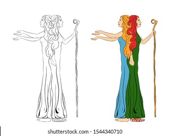 Women in the image of a two-faced Janus. A woman with a staff, stick. A woman with outstretched arms. Vector illustration