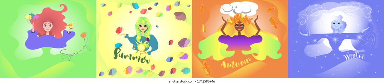 Women in images of the Seasons. Seasons Characters Set.  Winter, Spring, Summer, Autumn.Vector set of illustrations. 