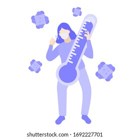 women are infected with the corona virus and are carrying a large thermometer. people use medical mask. Illustration concept for corona virus covid-19 trend.