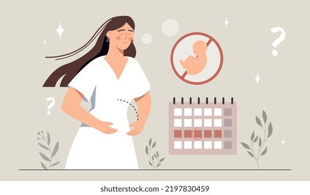 Women Infertility Concept. Young Girl Stands Sad Near Calendar. Character Unable To Become Mother, Problems With Pregnancy. Health Care, Medical Poster Or Banner. Cartoon Flat Vector Illustration