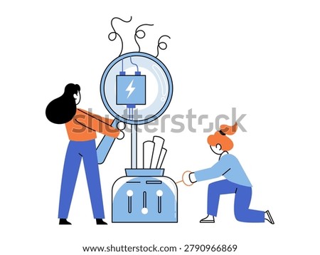 Women inspecting a power source vector illustration. Technical repair, energy maintenance, troubleshooting, engineering, quality control, system diagnostics. Engineers examining a battery