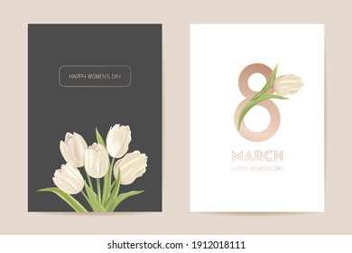 Women international day greeting. Vector floral card illustration. Realistic tulip flowers template background, spring concept, 8 march poster, luxury design flyer, party invitation, sale ad banner