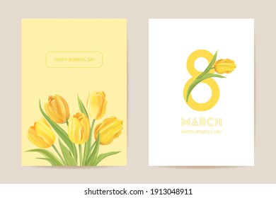 Women international day greeting. Vector floral card illustration. Realistic tulip flowers template background, spring concept, 8 march poster, luxury design flyer, party invitation, sale ad banner