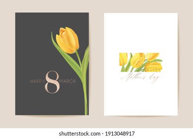 Women international day greeting. Vector floral card illustration. Realistic tulip flowers template background, spring concept, 8 march poster, luxury design flyer, party invitation, sale ad banner