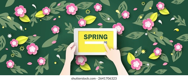 Women are internet searching for about Spring on tablet in hand decorated with flower placed on the desk. Spring time. paper cut and craft style. vector, illustration.