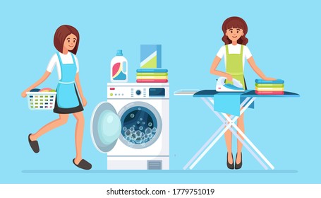 Women ironing clothes on board, girl with basket. Daily routine, domestic work. Washing machine with detergent Housewife wash with electronic laundry equipment for housekeeping. Vector cartoon design