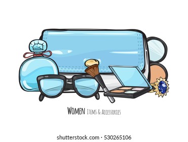 Women items and accessories. Illustration of blue purse, face powder, perfume, sunglasses, ring, eyeshadows palette. Fashionable female objects on blue. Poster. Cartoon style. Flat design Vector