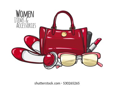 Women items and accessories. Illustration of red purse, lipstick, high-heeled shoes, sunglasses, ring with round precious ruddy stone. Fashionable female objects. Poster. Cartoon style. Vector