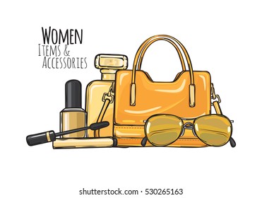 Women items and accessories. Illustration of yellow purse, mascara, perfume, sunglasses, beige nail polish. Fashionable female objects on yellow. Poster. Cartoon style. Banner. Flat design Vector