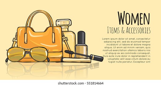 Women items and accessories. Illustration of yellow purse, mascara, perfume, sunglasses, beige nail polish. Fashionable female objects on yellow. Poster. Cartoon style. Banner. Flat design. Vector