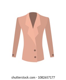 Women jacket double-breasted beige coat with buttons vector illustration isolated on white. New summer or spring mode, outer garment extending to waist