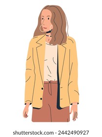 Women in Jacket and Trousers Isolated. Fashion Brunette Girl. Trendy Lady in Casual Clothes. Beautiful Female Character on White. Fashionable Lifestyle. Cartoon Flat Vector Illustration