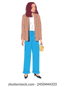 Women in Jacket and Trousers Isolated. Fashion Brunette Girl with Bag. Trendy Lady in Casual Clothes. Beautiful Female Character on White. Fashionable Lifestyle. Cartoon Flat Vector Illustration