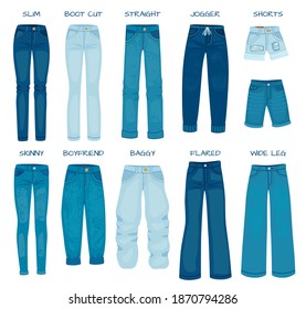 Women jeans fits. Denim female pants models skinny, straight, slim, boyfriend and boot cut. Silhouette styles of jean trousers vector set. Girlish casual outfit as baggy, flared, shorts