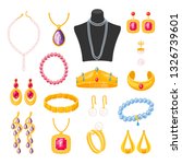 Women jewelry accessories, beautiful elegant female set. Necklaces, rings, and bracelets. Vector flat style cartoon illustration isolated on white background