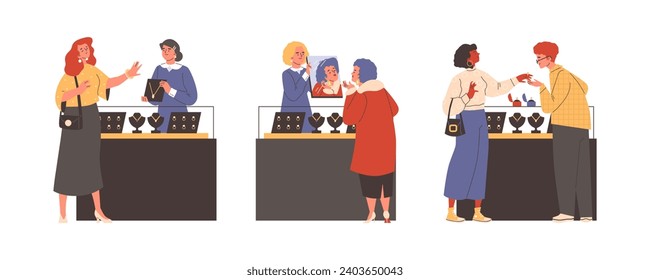 Mujeres en joyería, conjunto de ilustraciones vectoriales sobre fondo blanco. Personajes femeninos jóvenes en la tienda, las hermosas damas eligen y compran joyas de lujo, oro y piedras preciosas. Estilo de caricatura plano