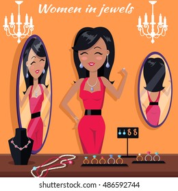 Women in jewels in front of the mirror. Jewelry banner concept design. Diamond and jewellery on model, necklace and jewels, jewelry model, ring fashion jewelry, store jewelry shop. Vector illustration