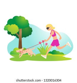 Women Jog With Dog At Spring Park Flat Illustration For Landing Page