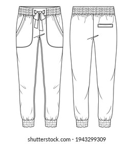 Esbozos planos de moda para las mujeres Jogger Pant Vector. Plantilla de Ilustración Técnica de Moda. Apliquen bolsillos delanteros. Cera elástica