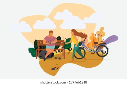 women are jogging and men are listening to music in the park illustration, Suitable For Wallpaper, Banner, Background, Card, Book Illustration , landing page etc.