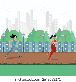 Women jogging in the park on city background. Healthy lifestyle concept.