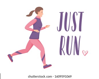 Women jogging and training, just run lettering sign, flat vector illustration