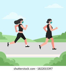 WomEn jogging wearing tank tops and face masks.