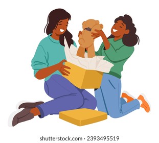 Women Joyfully Exchange Gifts, Festive Scene, Laughter Echoing In The Air. Wrapped Surprises Bring Smiles, Fostering A Heartwarming Atmosphere Of Shared Happiness And Camaraderie. Vector Illustration