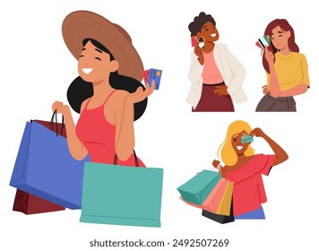 Women Joyfully Shopping With Credit Cards And Shopping Bags Convey Themes Of Retail Therapy, Consumerism, And Happiness. Perfect For Concepts Related To Shopping, Lifestyle, And Financial Transactions