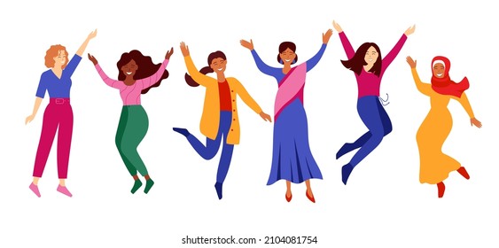 Women jumping. Group of diversity women celebrating International Women's Day. Happy multicultural girls with different skin color. Diverse multinational women. Vector illustration isolated on white