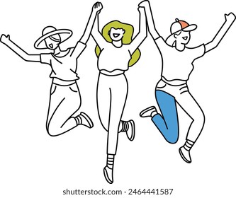 Women jumping with smiles doodle style minimal color fill, joy, happiness, celebration, freedom, empowerment, cartoon, character, drawing, line art vector illustration, minimal color modern line art. 