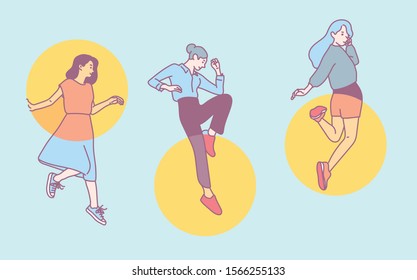 The women are jumping vigorously. The color of the orange round filter changes. hand drawn style vector design illustrations. 