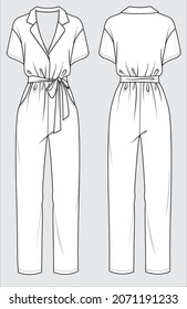 WOMEN JUMPSUIT WITH COLLAR AND FABRIC BELT IN VECTOR FILE