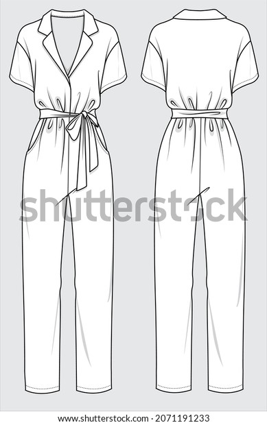 WOMEN\
JUMPSUIT WITH COLLAR AND FABRIC BELT IN VECTOR\
FILE