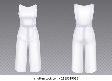 Women jumpsuit mockup in front and back view. Vector 3d template of blank white female overalls with pants and sleeveless tank top. Realistic girls clothes, summer garment or nightwear