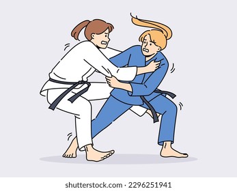 Women in karate kimonos fighting on ring. Female athletes in uniform involved in martial arts. Sport and competition. Vector illustration. 