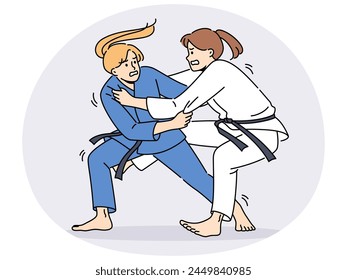 Women in karate kimonos fighting on ring. Female athletes in uniform involved in martial arts. Sport and competition. Vector illustration.