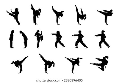 women of karate silhouette vector. Boxing and competition silhouettes vector image, Boxing black white elements set with fighter sports clothing isolated, 