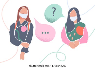 Women keeping social distance. Female friends wearing medical masks and talking. Vector abstract illustration
