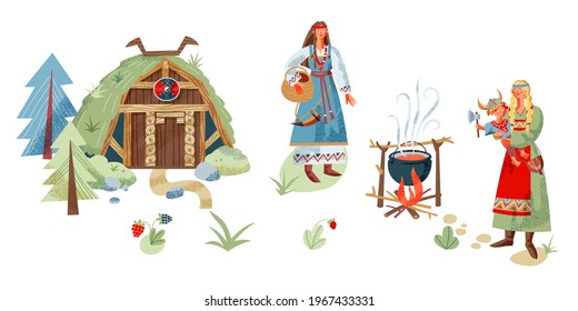 Women with kid cooking food on fire near viking house in nature. Medieval Norway elements vector illustration. Girl with berries, pot, child, wooden home on white background.