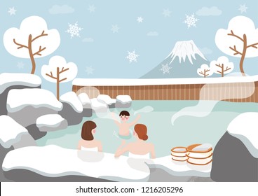 Women And Kid Are Relaxing In Hot Spring, Bath At Japanese On Winter.