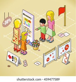 Women And Kids Looking At A Mall Directory, Mall Interior Indicated (isometric View)