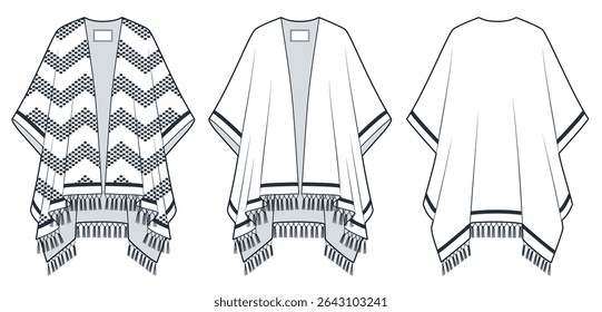 Women Kimono Poncho with tassel trim technical fashion illustration. Poncho Coat fashion flat technical drawing template, front and back view, white and black, tribal pattern, women CAD mockup.