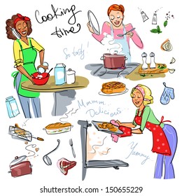 Women at kitchen, cooking, Hand drawn clip art.